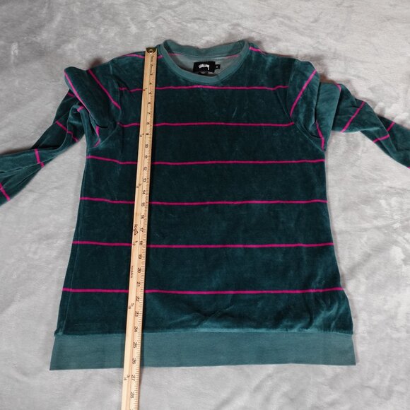 Stussy Velour Striped Sweatshirt Mens Small Crewneck Streetwear Green Pink - Picture 8 of 9